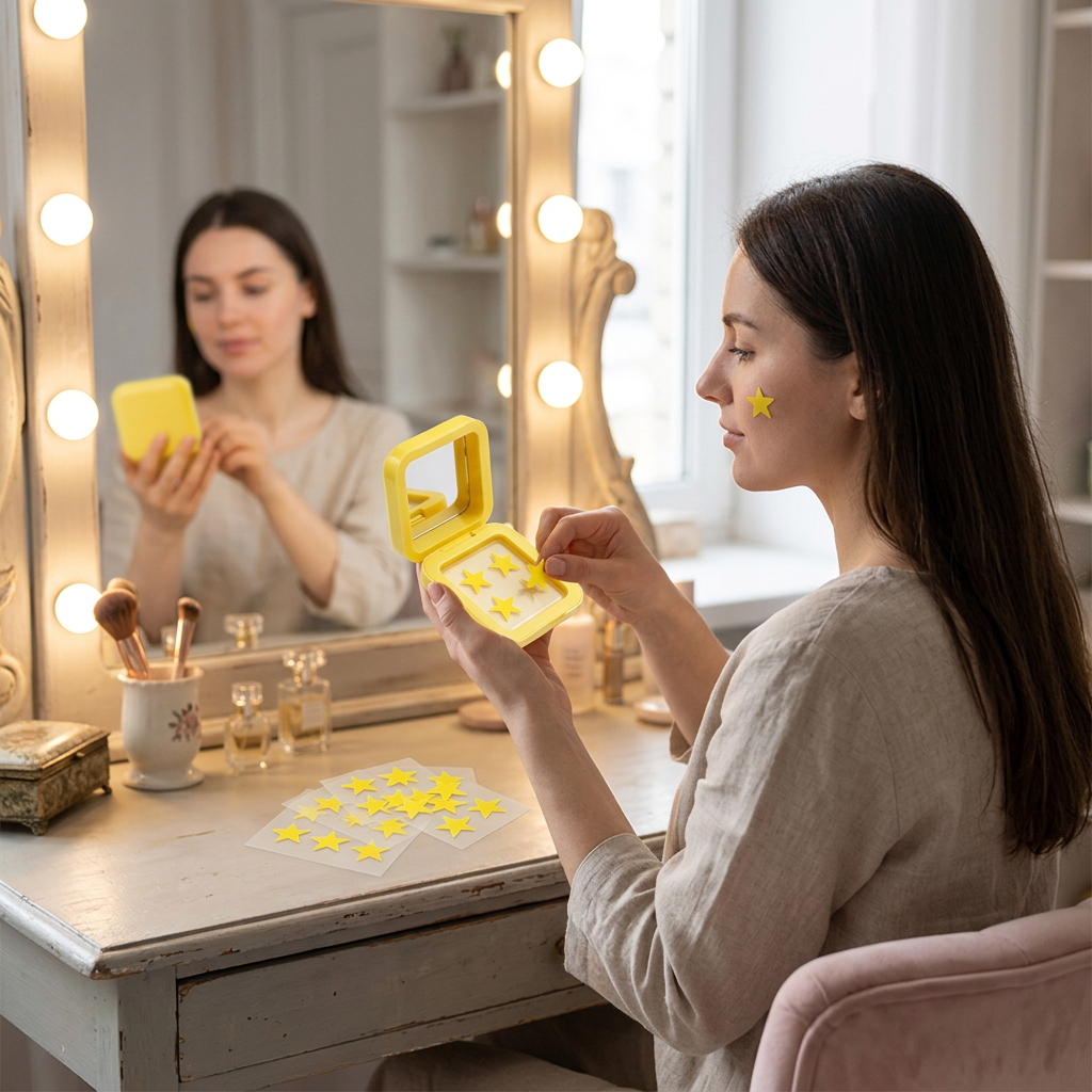 Custom Pimple Patches in Stars Yellow Pimple Patch Sheets Storage Case with Mirror for Face 32 Counts