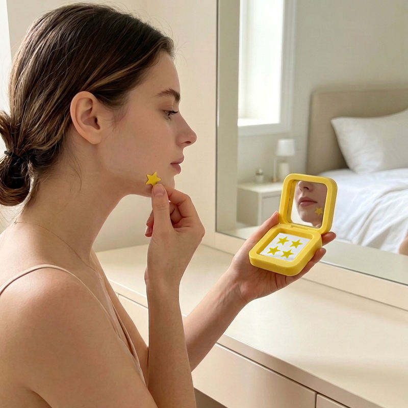 Cute Star Heart Acne Patches Mirror Case Tea Tree Centella Extract Day Night Absorb Excess Fluid Skin Patch
