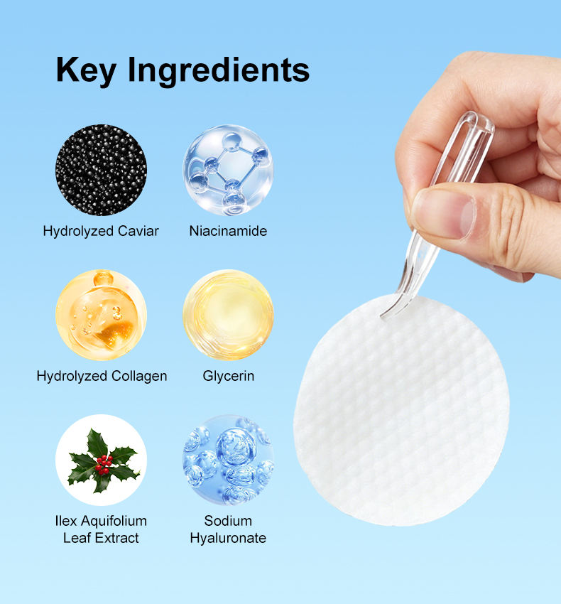 Hydrolyzed Caviar Hyaluronic Acid Facial Cotton Pads Gentle Night Skincare Refining Pads Bulk Custom Packaging