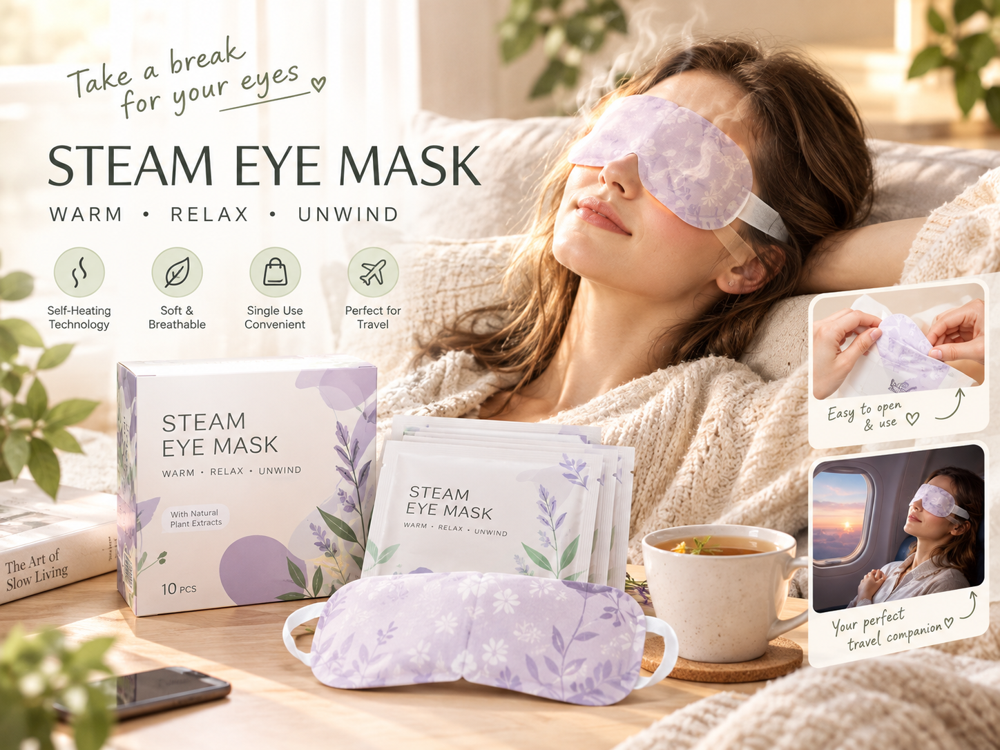 Self-heating Disposable Steam Eye Mask with Lavender Scent, Suitable for Daily Use and Portable for Business Trips.
